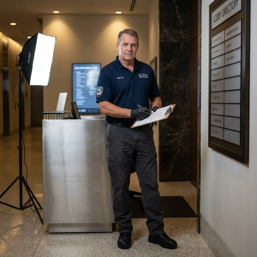 Moving supervisor reviewing condo elevator reservation paperwork and HOA liability waiver in building lobby.