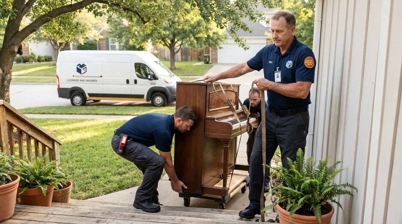 Licensed piano movers securing grand piano in Georgetown, IN