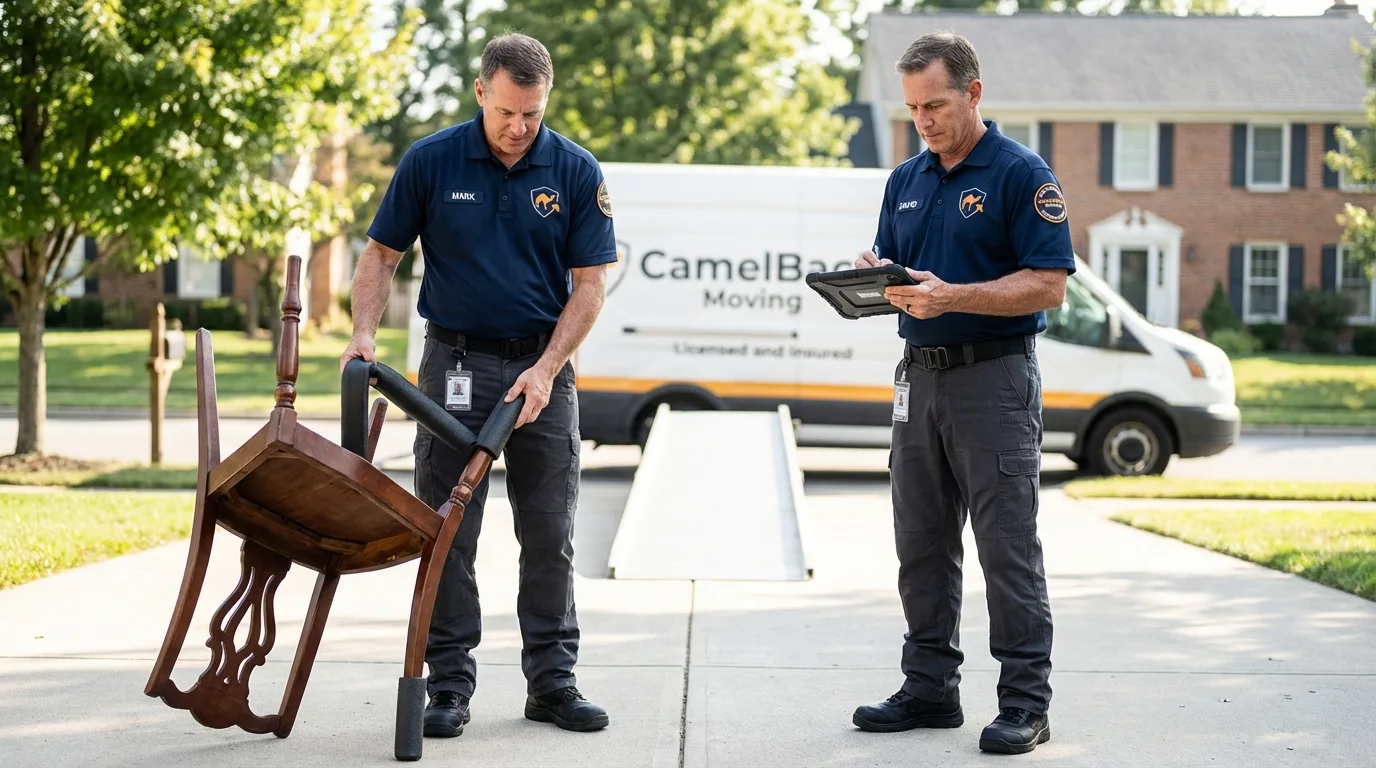 Movers inspecting furniture for damage prevention before loading in Georgetown, IN