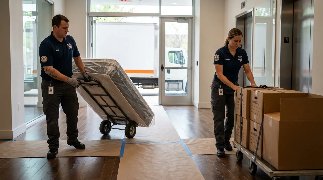 Professional apartment movers loading elevator in Georgetown, IN